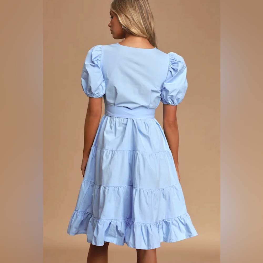 Light Blue Cotton Puff Sleeve Dress - Picture 3 of 3